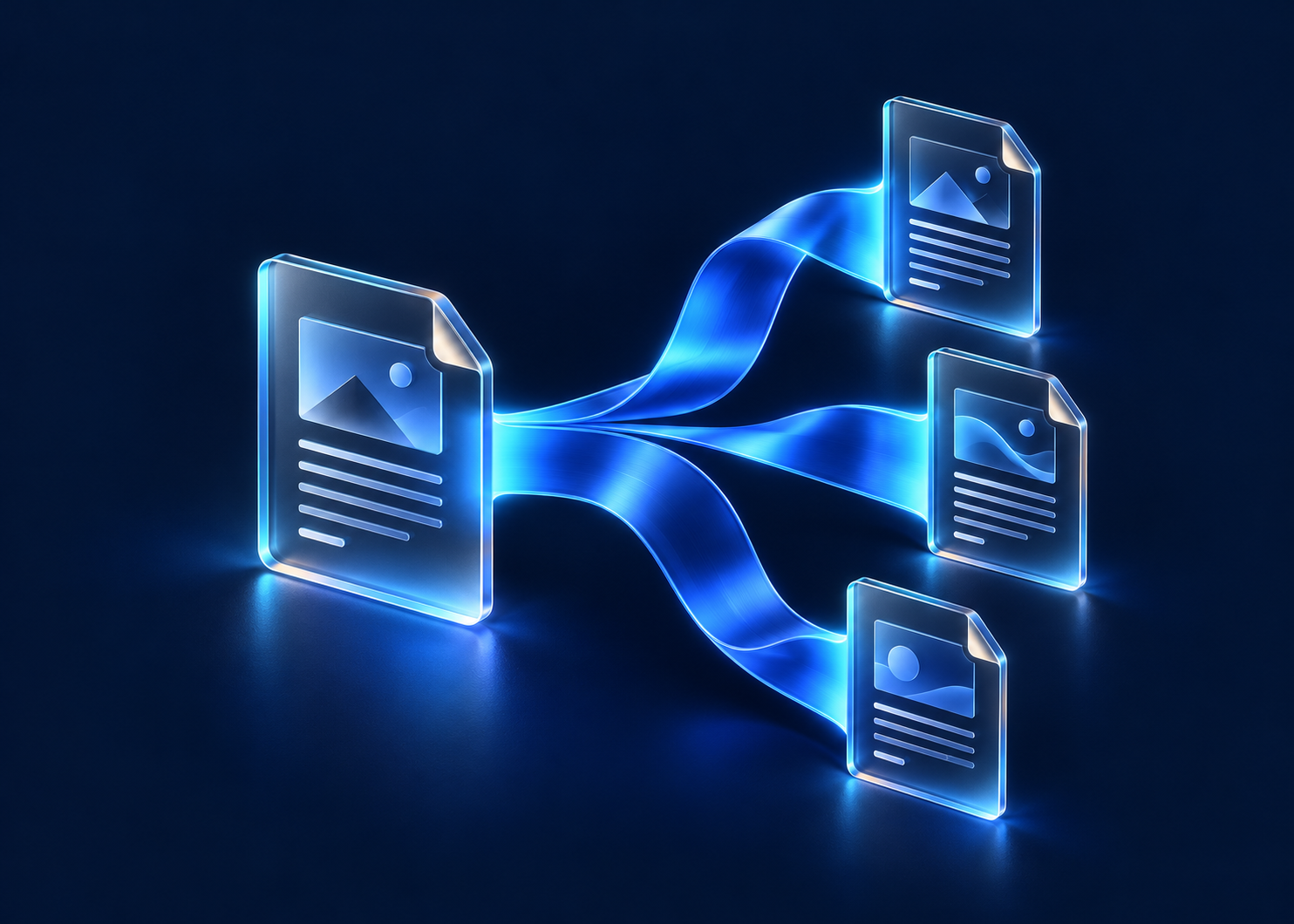 A folded blue ribbon connects one source document to several organised content drafts.